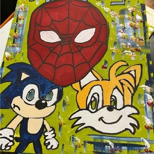 Customized hand painted sonic, tails and Spider-Man painting.